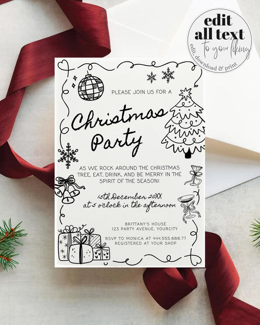 Funky Doodle Christmas Party Invitation Template, Scribble Holiday Office Party Winter Invite, Friendsmas Handwritten Fun Disco Template#070 - TheLovebirdsDesign