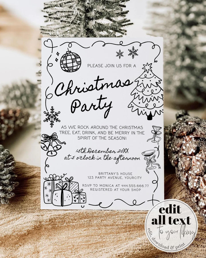 Funky Doodle Christmas Party Invitation Template, Scribble Holiday Office Party Winter Invite, Friendsmas Handwritten Fun Disco Template#070 - TheLovebirdsDesign
