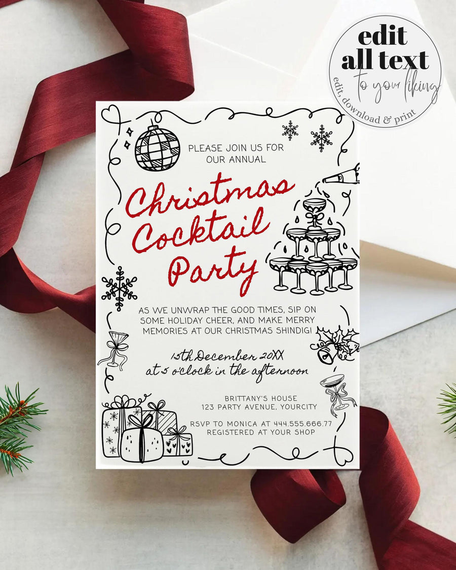 Christmas Cocktail Party Invitation, Funky Disco Ball Holiday Soiree Hand Drawn Editable Template 070BW-CHPAINV