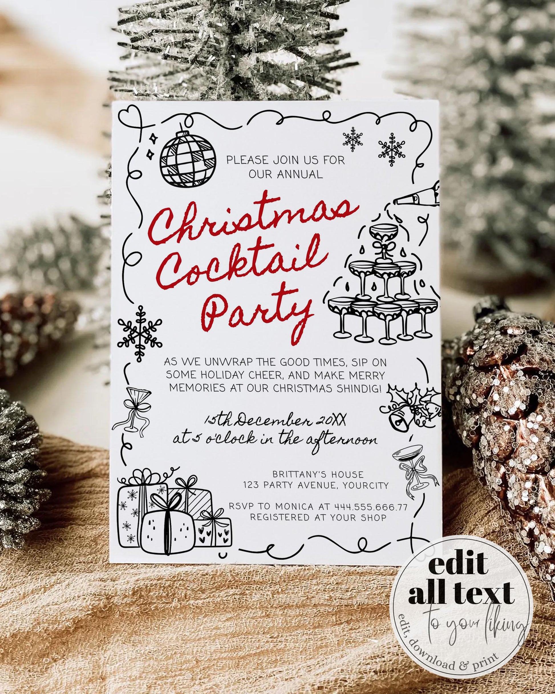 Hand drawn Christmas Cocktail Party Invitation, Funky Doodle Holidays Office Party, Scribble XMAS Winter Party Printable Template Invite#070 - TheLovebirdsDesign