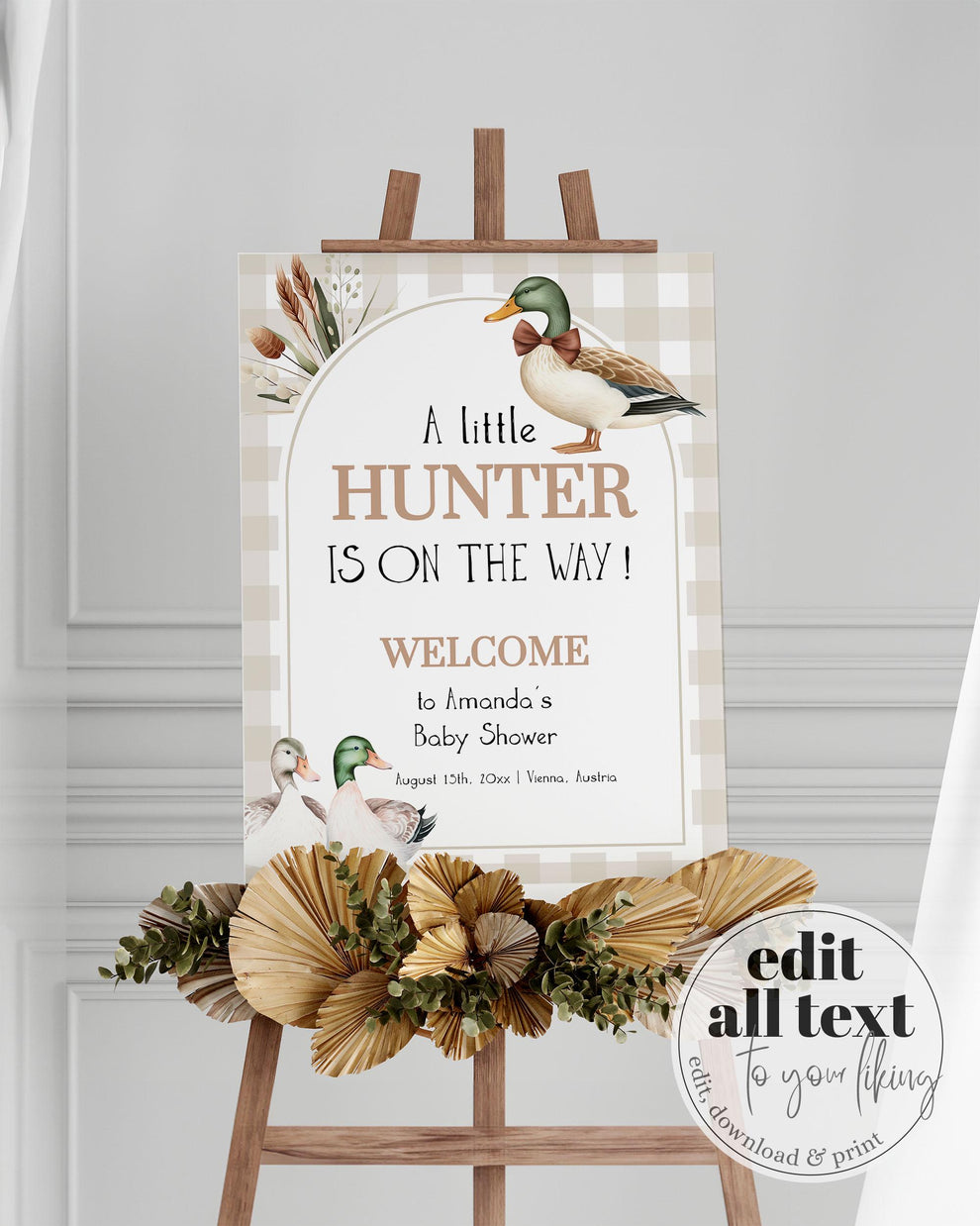 Duck Hunt Welcome Sign, Mallard Duck Baby Shower Decorations Sign, Duck Hunting Theme Party Decor, Boys Lucky Duck Baby Shower Template