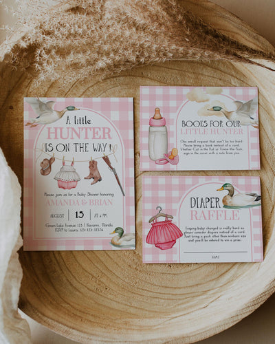 Girl Duck Hunt Baby Shower Invitation, Mallard Duck Hunting Baby Shower Invite, Baby Clothes Themed Party Invite, Lucky Duck Template #068 - TheLovebirdsDesign