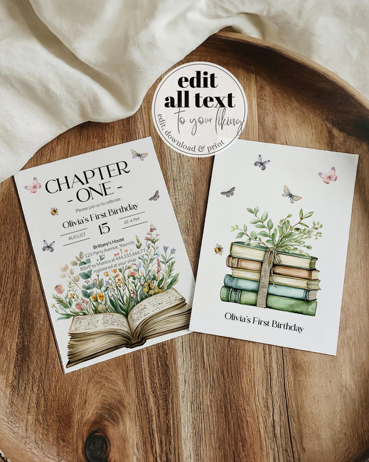 Chapter ONE Book Baby Birthday Invitation Wildflower Butterfly Storybook Gender Neutral 1st Birthday Invite Book First Birthday Template#068 - TheLovebirdsDesign
