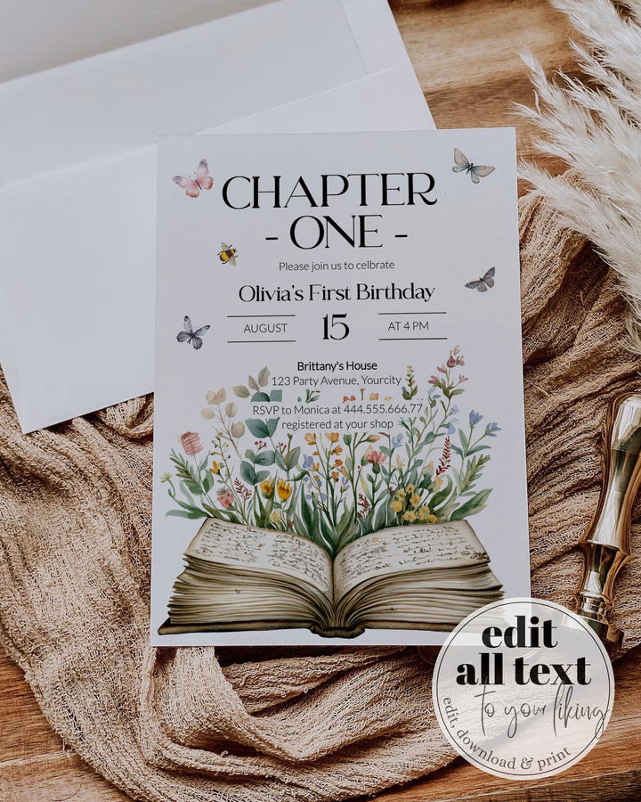 Chapter ONE Book Baby Birthday Invitation Wildflower Butterfly Storybook Gender Neutral 1st Birthday Invite Book First Birthday Template#068 - TheLovebirdsDesign