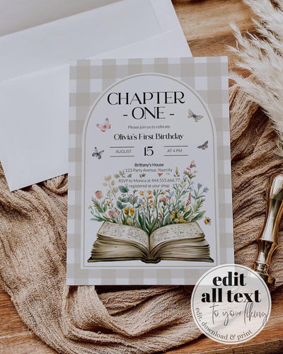New Chapter Begins Book 1st Birthday Invitation, Chapter ONE Book Baby First Birthday Invite, Gender Neutral Story Book Birthday Suite #068 - TheLovebirdsDesign