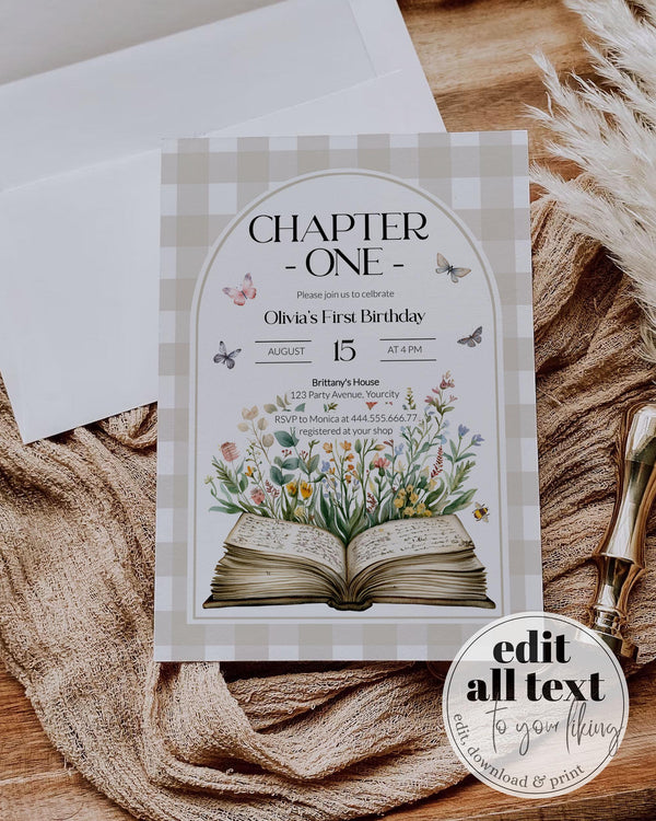 New Chapter Begins Book 1st Birthday Invitation, Chapter ONE Book Baby First Birthday Invite, Gender Neutral Story Book Birthday Suite #068 - TheLovebirdsDesign