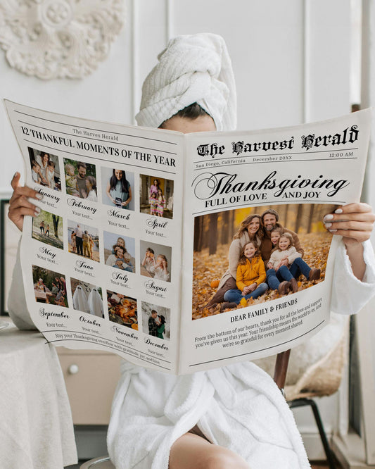 Thanksgiving Newspaper Template, Friends Giving Newspaper Dinner Invitation, Editable Thankful Invite, Large Newspaper 4 Pages #065b - TheLovebirdsDesign