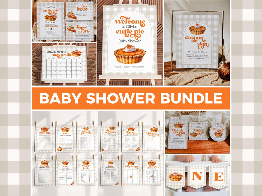 Cutie Pie Baby Shower Bundle, Pumpkin Pie Invitation Decor Games Tags Welcome Sign 010PP-BSBUNDLE - marryful.org