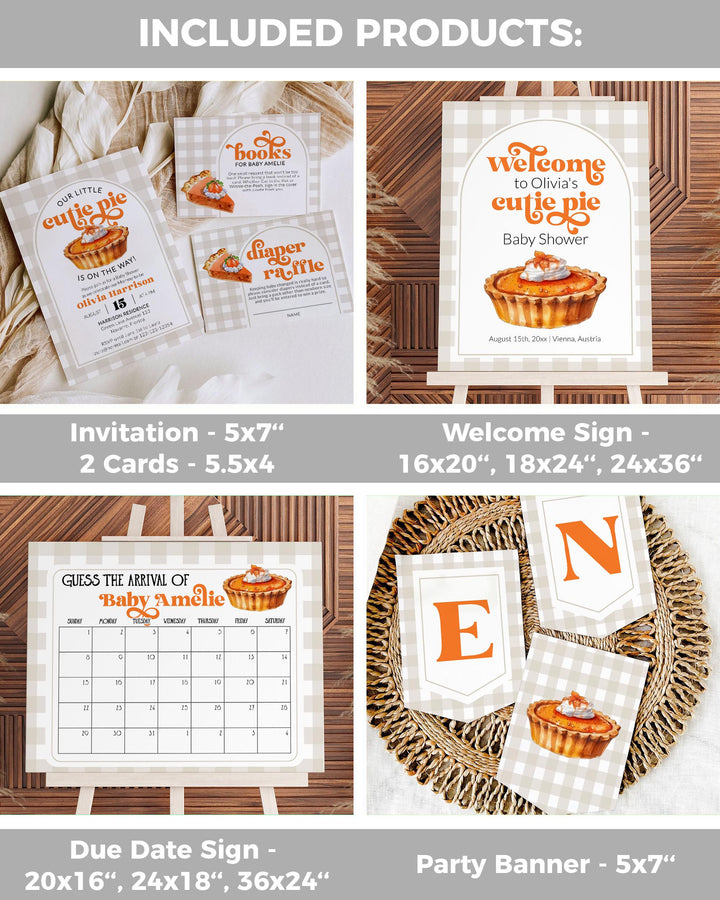 Cutie Pie Baby Shower Bundle, Pumpkin Pie Baby Shower Party Decor Set with Invitation, Welcome Sign, Tags, Games for Fall Baby Party #068 - TheLovebirdsDesign