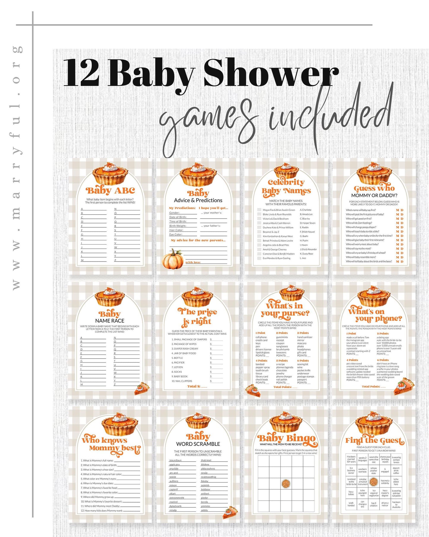 Cutie Pie Baby Shower Game Bundle, Pumpkin Pie Baby Shower Games for October November Baby Sprinkle, Fall Pumpkin Shower Template #068 - TheLovebirdsDesign