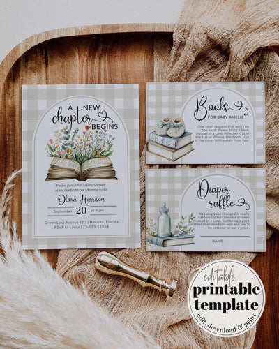 New Chapter Begins Baby Shower Invitation, Gender Neutral Story Book Baby Shower Invite, Wildflower Storybook Theme Baby Party Template #068 - TheLovebirdsDesign