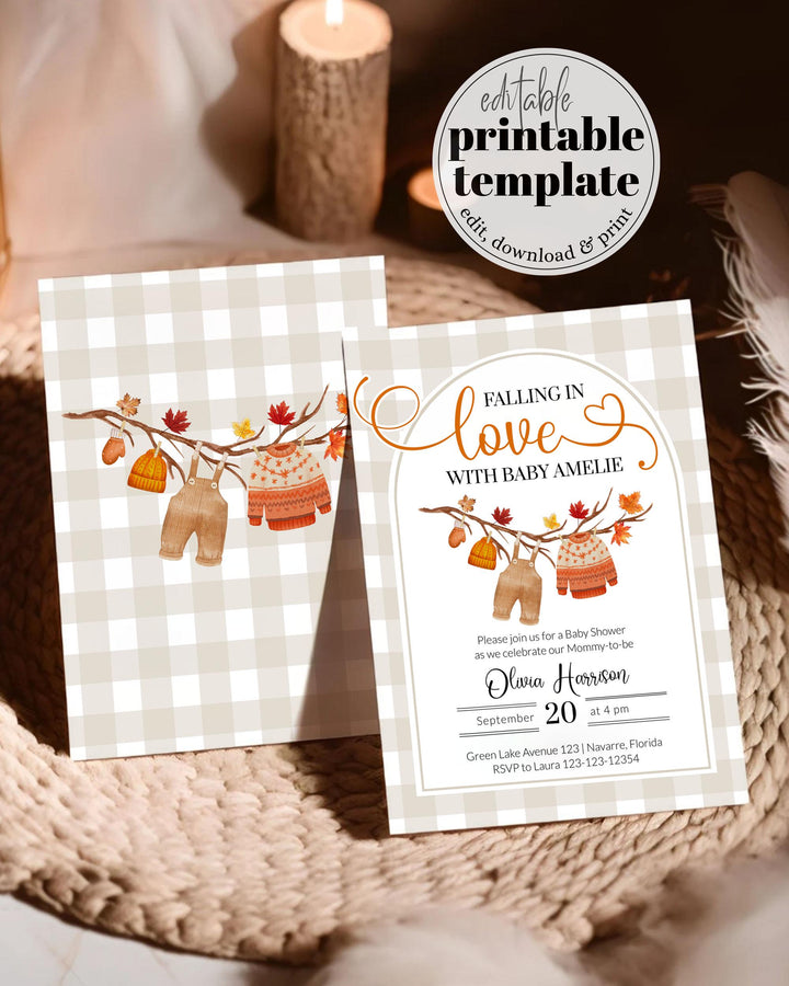 Falling In Love Baby Shower Invitation, Gender Neutral Fall Baby Shower Invite, Editable Autumn Baby Clothes Shower Editable Template #068 - TheLovebirdsDesign