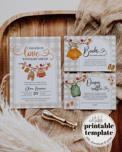Falling In Love Baby Shower Invitation, Gender Neutral Fall Baby Shower Invite, Editable Autumn Baby Clothes Shower Editable Template #068 - TheLovebirdsDesign