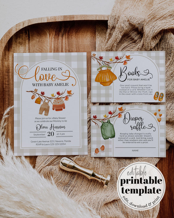 Falling In Love Baby Shower Invitation, Gender Neutral Fall Baby Shower Invite, Editable Autumn Baby Clothes Shower Editable Template #068 - TheLovebirdsDesign