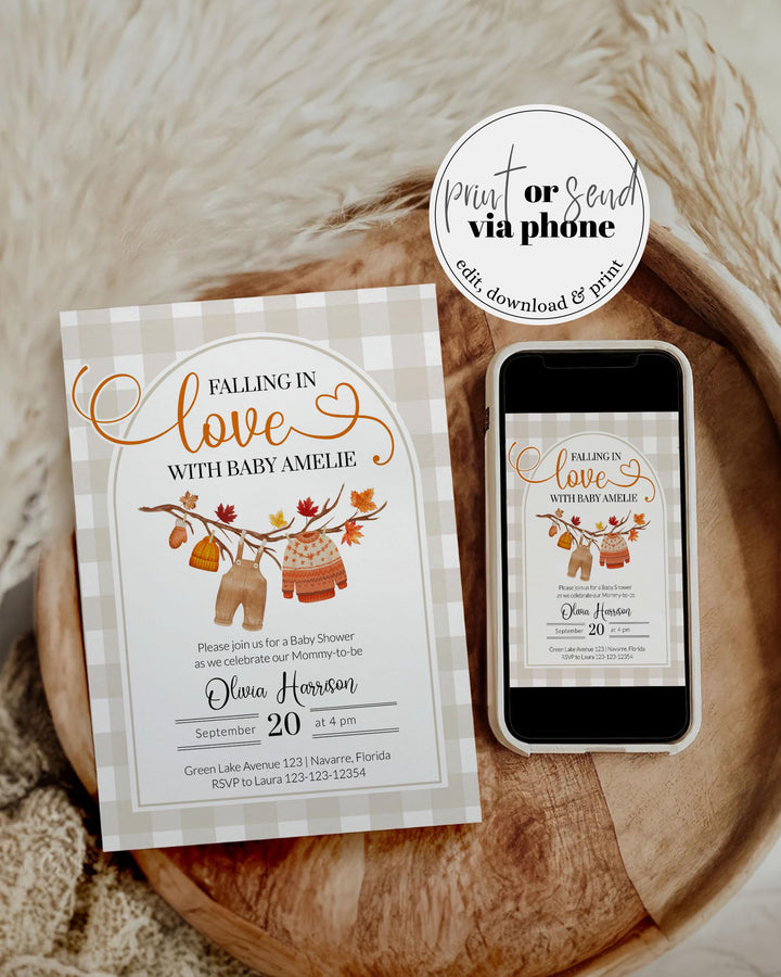 Falling In Love Baby Shower Invitation, Gender Neutral Fall Baby Shower Invite, Editable Autumn Baby Clothes Shower Editable Template #068 - TheLovebirdsDesign
