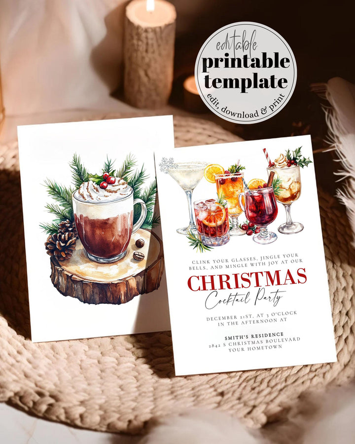 Holiday Christmas Cocktail Party Invitation, Editable Cocktail Social Club Party Invite for Birthday Bridal Shower or Christmas Party #070 - TheLovebirdsDesign