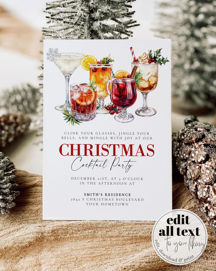 Holiday Christmas Cocktail Party Invitation, Editable Cocktail Social Club Party Invite for Birthday Bridal Shower or Christmas Party #070 - TheLovebirdsDesign