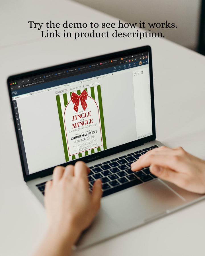 Coquette Jingle and Mingle Christmas Party Invitation with Red Ribbon Bow and Christmas Greens for Family Holiday Gathering Invite #070 - TheLovebirdsDesign