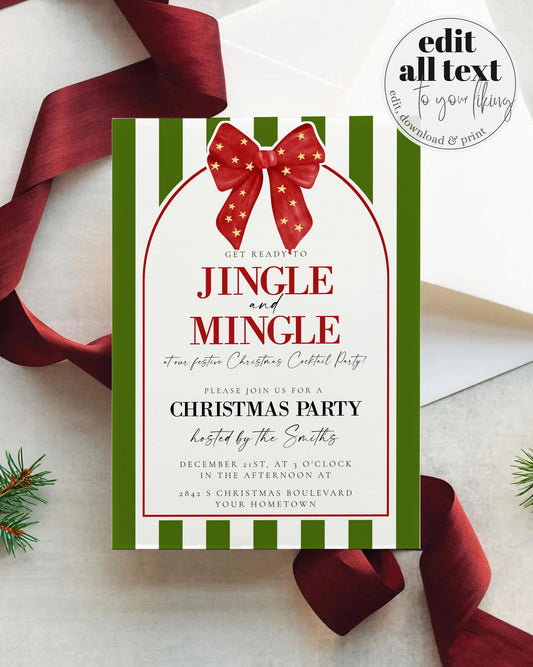 Coquette Jingle and Mingle Christmas Party Invitation with Red Ribbon Bow and Christmas Greens for Family Holiday Gathering Invite #070 - TheLovebirdsDesign