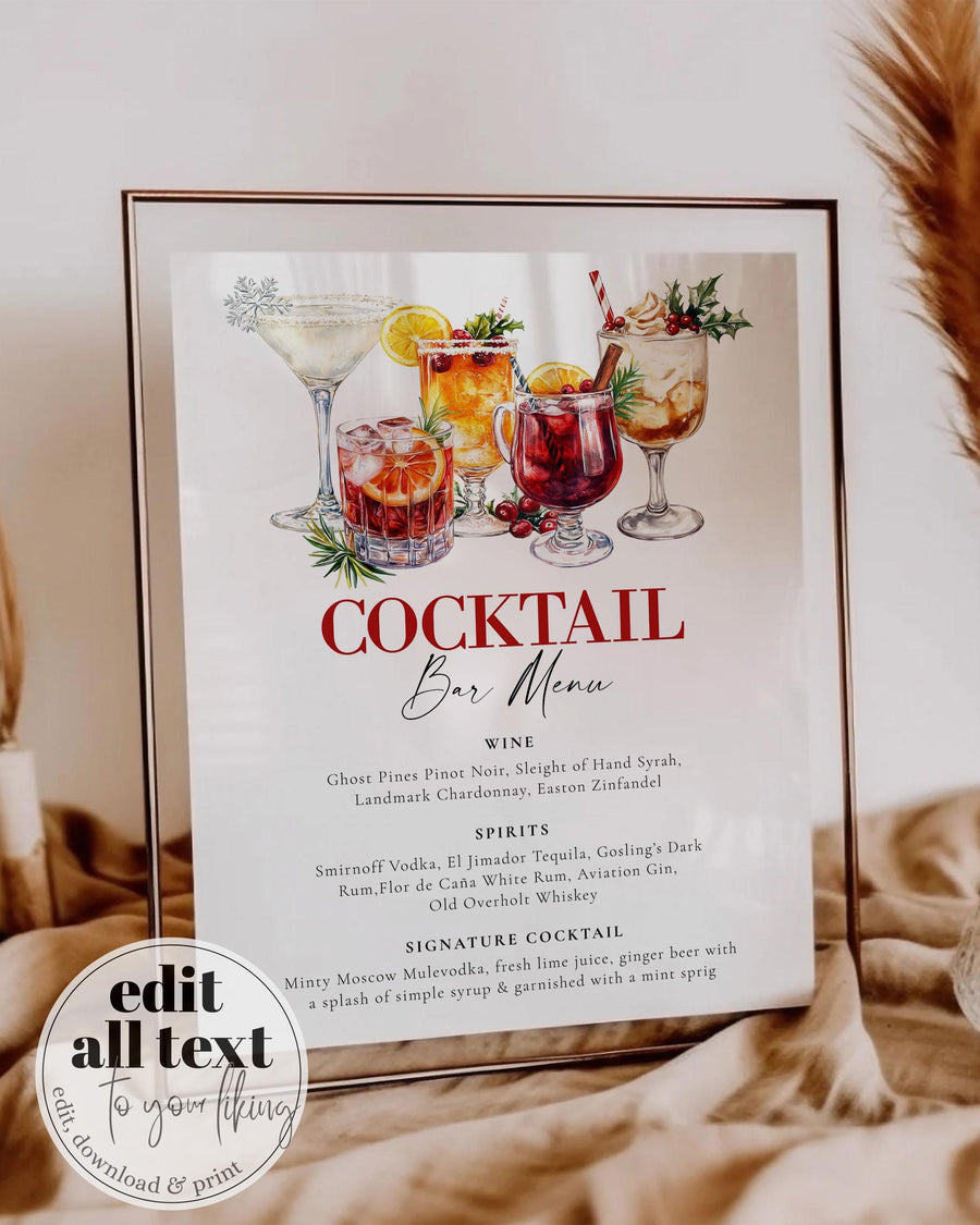 Christmas Cocktail Bar Menu Sign, Holiday Signature Drink Editable 5x7 and 8x10 Template
