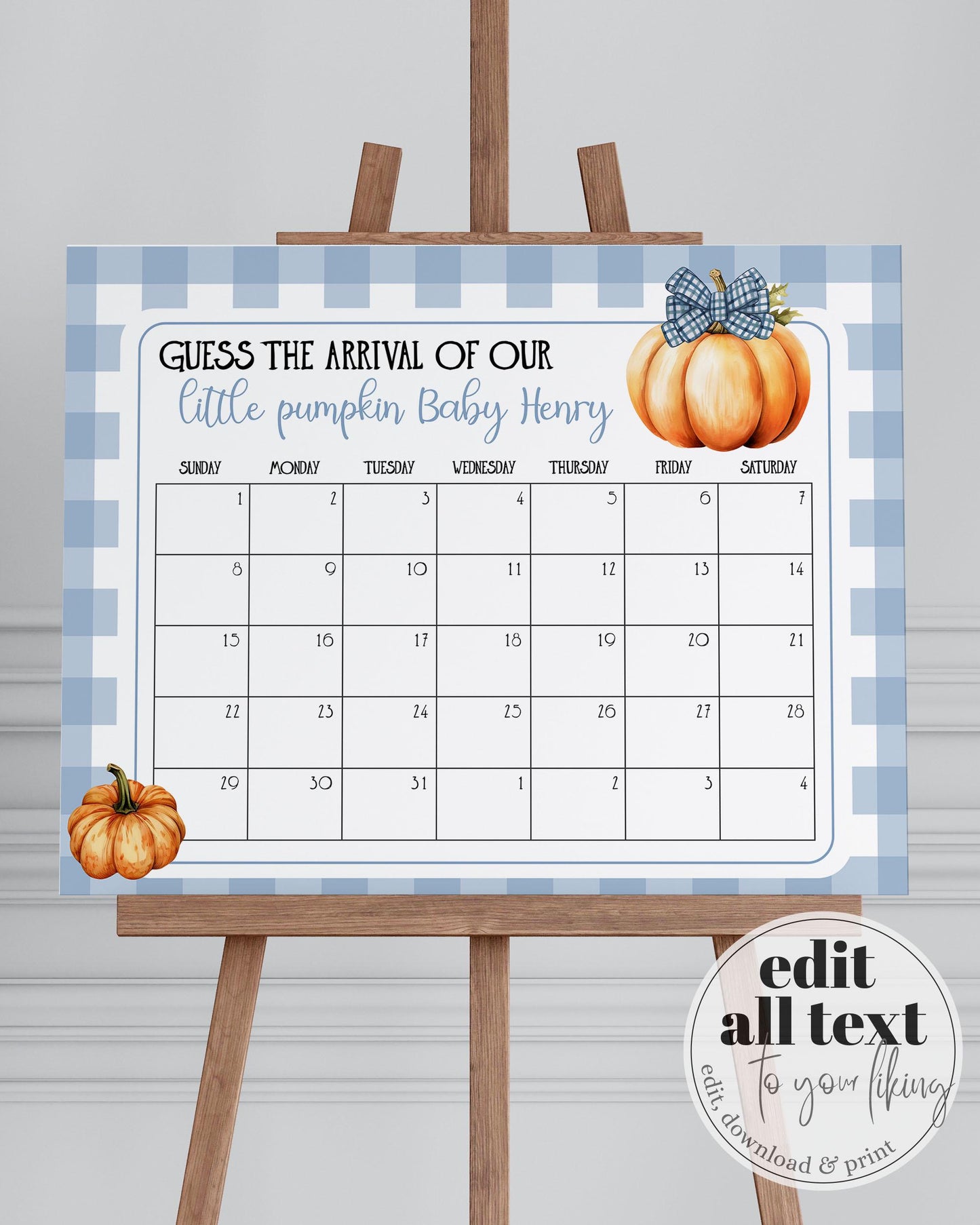 Pumpkin Bow Due Date Game Sign for Fall Baby Shower, Little Pumpkin Fall Baby Arrival Game Sign Decor, Cottagecore Gingham Template #068 - TheLovebirdsDesign