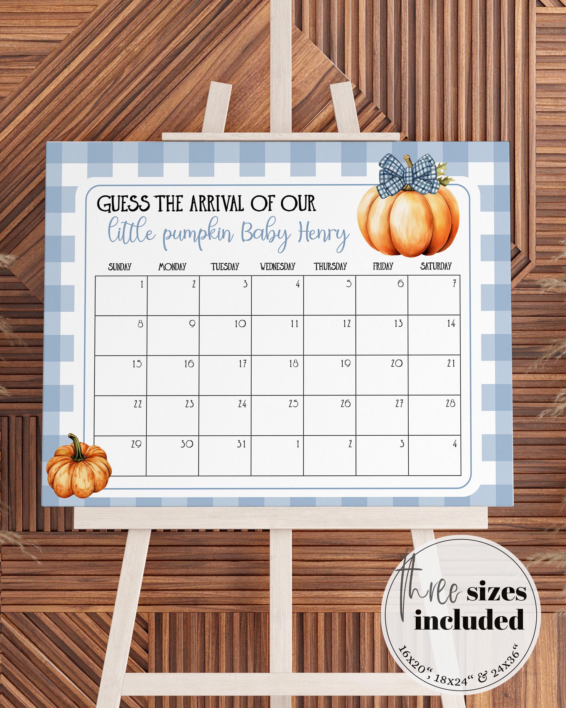 Pumpkin Bow Due Date Game Sign for Fall Baby Shower, Little Pumpkin Fall Baby Arrival Game Sign Decor, Cottagecore Gingham Template #068 - TheLovebirdsDesign