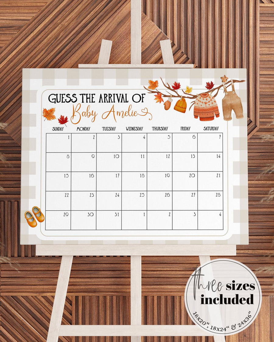 Fall Baby Shower Guess Due Date Sign Gender Neutral Autumn Game Printable Arrival 010PU-GUDD - marryful.org
