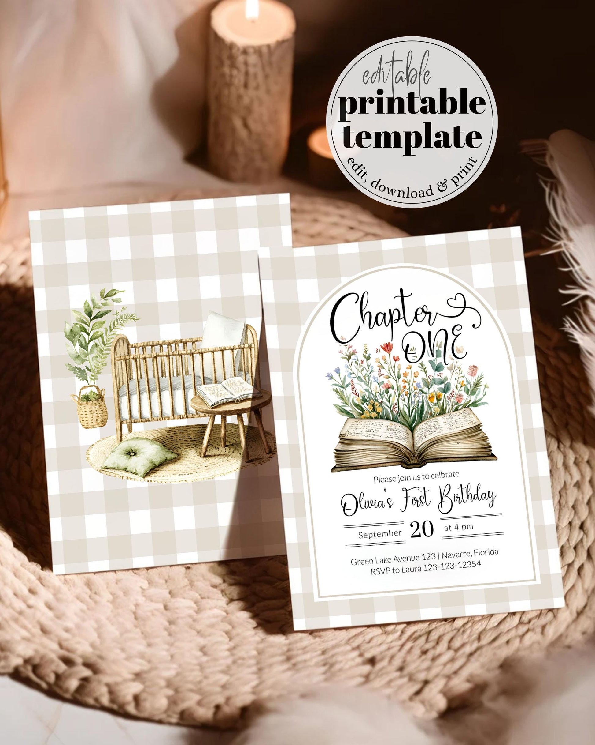 Chapter ONE Book Baby First Birthday Invitation Gender Neutral Story Book 1st Birthday Invite,Wildflower Storybook Theme Party Template #068 - TheLovebirdsDesign