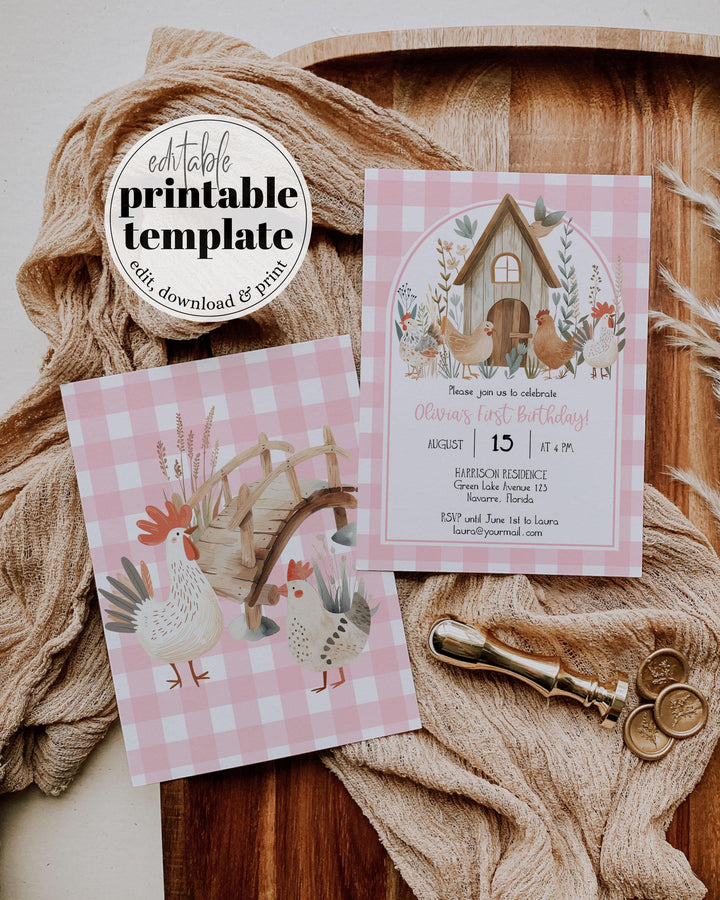 Chicken First Birthday Invitation Girl, Boho ONE cute Chick 1st Birthday Invite, Cute Chicken Farm Barn Party Animal Printable Template #068 - TheLovebirdsDesign