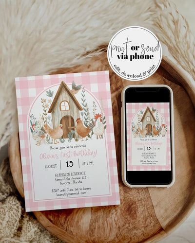 Pink Chicken 1st Birthday Invitation Template, Cottagecore Chicken Farm Party 005PI-BINV - marryful.org
