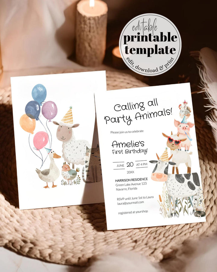 Farm Party Animals 1st Birthday Invitation Boy, Farm Barnyard Animals First Birthday Confetti Printable Template, Petting Zoo Birthday #068 - TheLovebirdsDesign