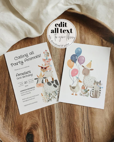 Farm Party Animals 1st Birthday Invitation Boy, Farm Barnyard Animals First Birthday Confetti Printable Template, Petting Zoo Birthday #068 - TheLovebirdsDesign