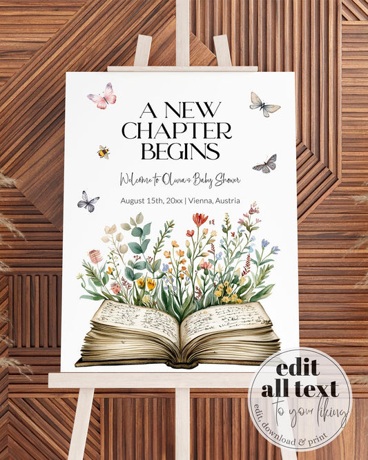 New Chapter Begins Storybook Baby Shower Welcome Sign, Once upon a time Gender Neutral Book Baby Shower Decor, Reading Library Party #068 - TheLovebirdsDesign