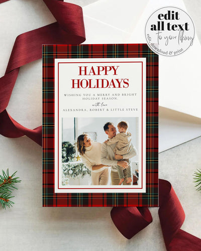 Holiday Card Christmas Plaid Photo Card Template, Downloadable Holiday Family XMAS Card one Photo, Coquette Christmas New Years Card #068 - TheLovebirdsDesign
