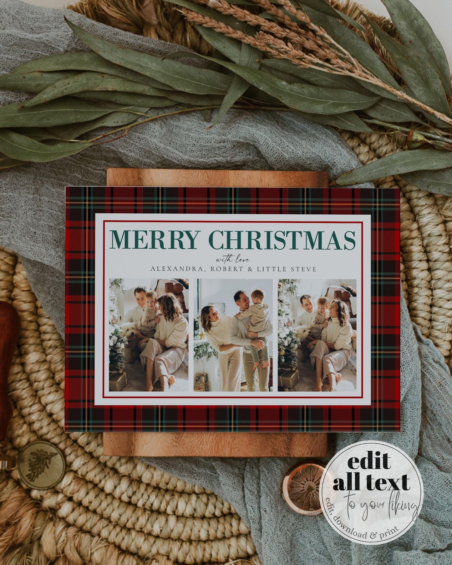 Custom Happy Holidays Christmas Photo Card for Family Picture or Pet Photo one or multiple photos, Download Coquette Christmas Plaid #068 - TheLovebirdsDesign