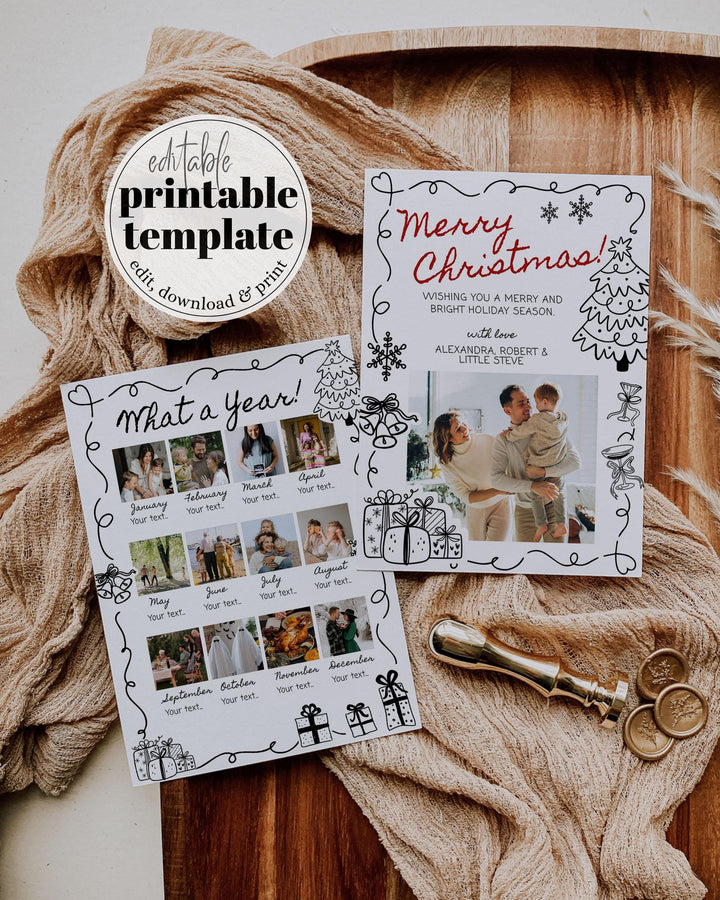 Handwritten Happy Holidays Family Photo Card, Funky Doodle Christmas Card, Doodle XMAS Card one Photo Year in Review New Years Template #070 - TheLovebirdsDesign