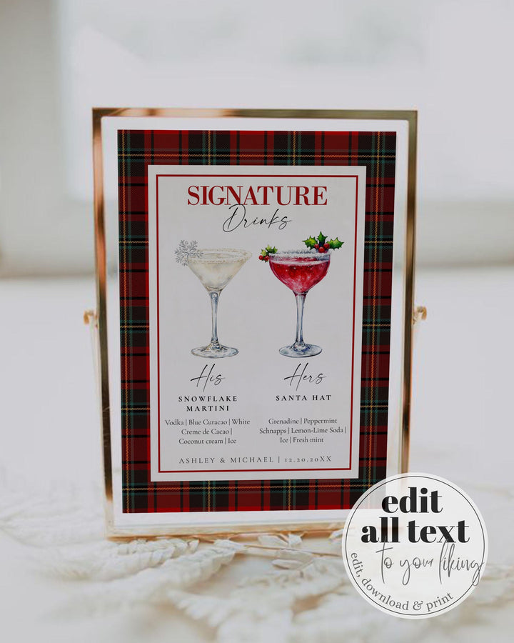 Signature Drinks Bar Menu Christmas Cocktail Bar Sign for Holiday Work Party, Editable XMAS Cocktail Drinks Menu Printable Template #068 - TheLovebirdsDesign