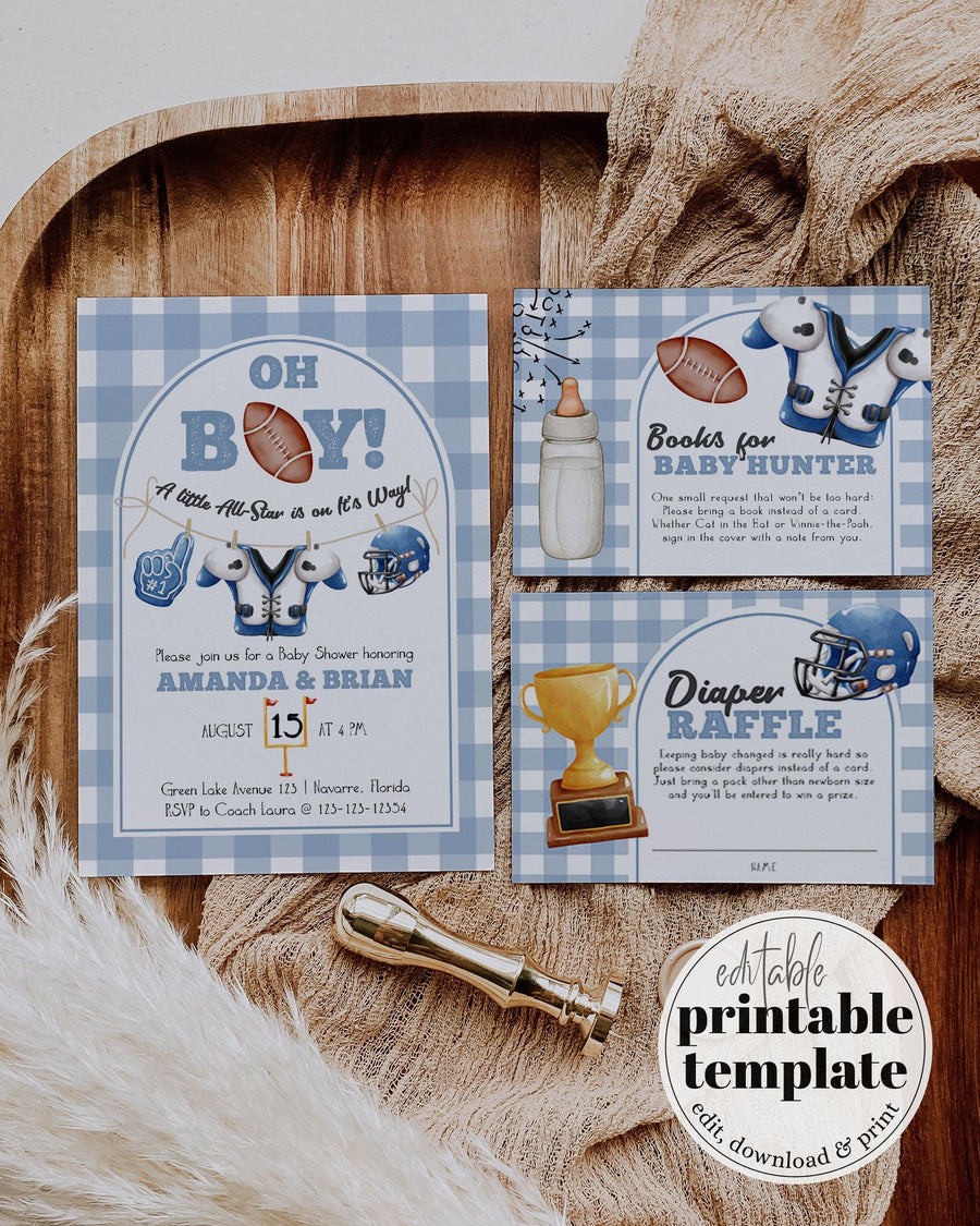 Football Baby Shower Invitation Set, Blue Game Day Boy Editable Template 019FB-BSINV