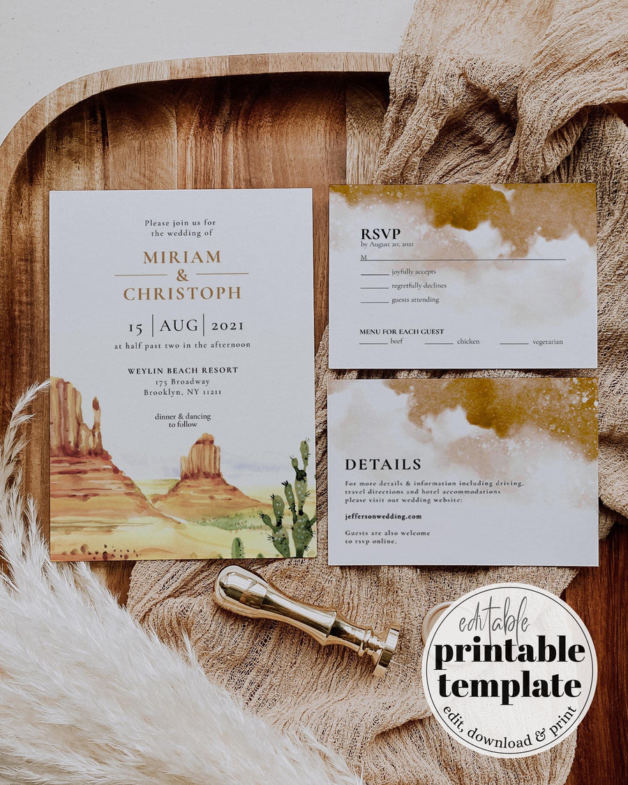 Boho Desert Wedding Invitation Set, Monument Valley Cactus Earthy Template 064AR-WEINV - marryful.org