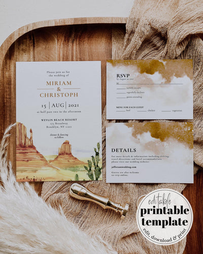 BOHO Desert Wedding invitation Template, Desert Rocks of Monument Valley Cactus Invite Set, Earthy Bohemian Wedding Printables #064 - marryful.org