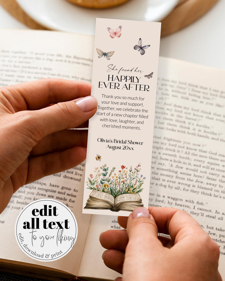 Storybook Bookmark for Book Themed Bridal Shower, Editable Bridal Book Lover Thank You Keepsake Favor Tags Printable Template #068 - TheLovebirdsDesign