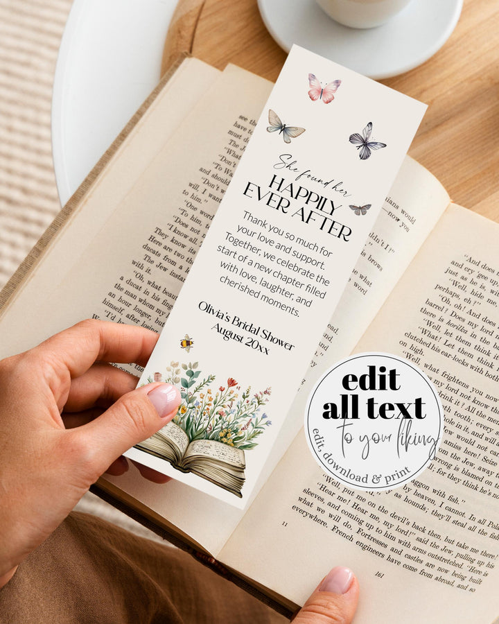 Storybook Bookmark for Book Themed Bridal Shower, Editable Bridal Book Lover Thank You Keepsake Favor Tags Printable Template #068 - TheLovebirdsDesign