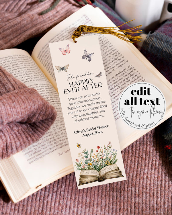 Storybook Bookmark for Book Themed Bridal Shower, Editable Bridal Book Lover Thank You Keepsake Favor Tags Printable Template #068 - TheLovebirdsDesign
