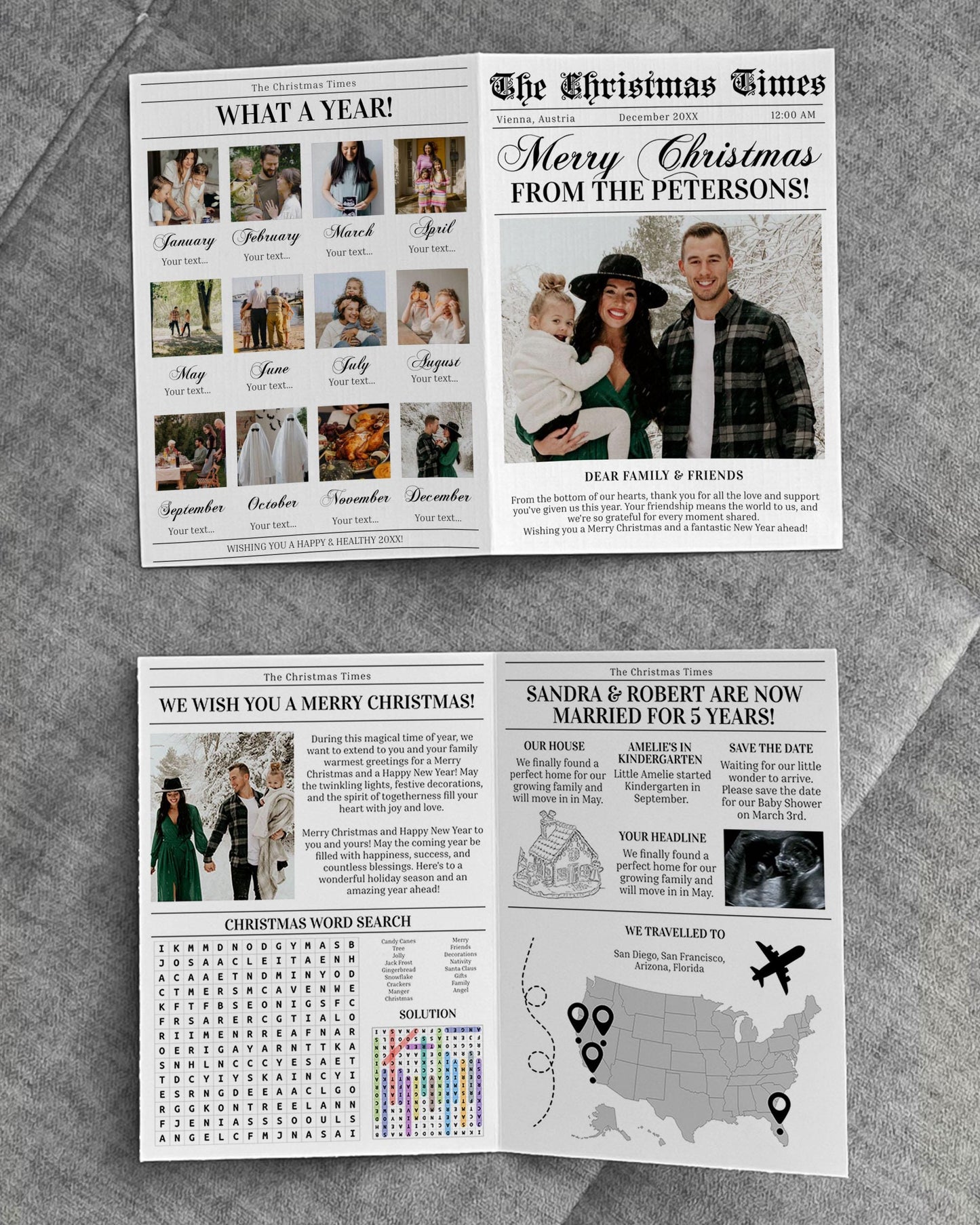 Newspaper Christmas Card with Photo, Holiday Card Template, Northpole Christmas Newsletter, Year in Review Printable Card 4 Pages #065b - TheLovebirdsDesign