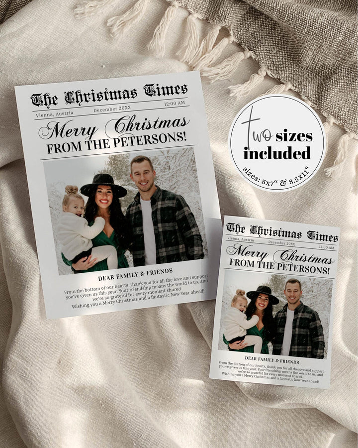Newspaper Christmas Card with Photo, Holiday Card Template, Northpole Christmas Newsletter, Year in Review Printable Card 4 Pages #065b - TheLovebirdsDesign
