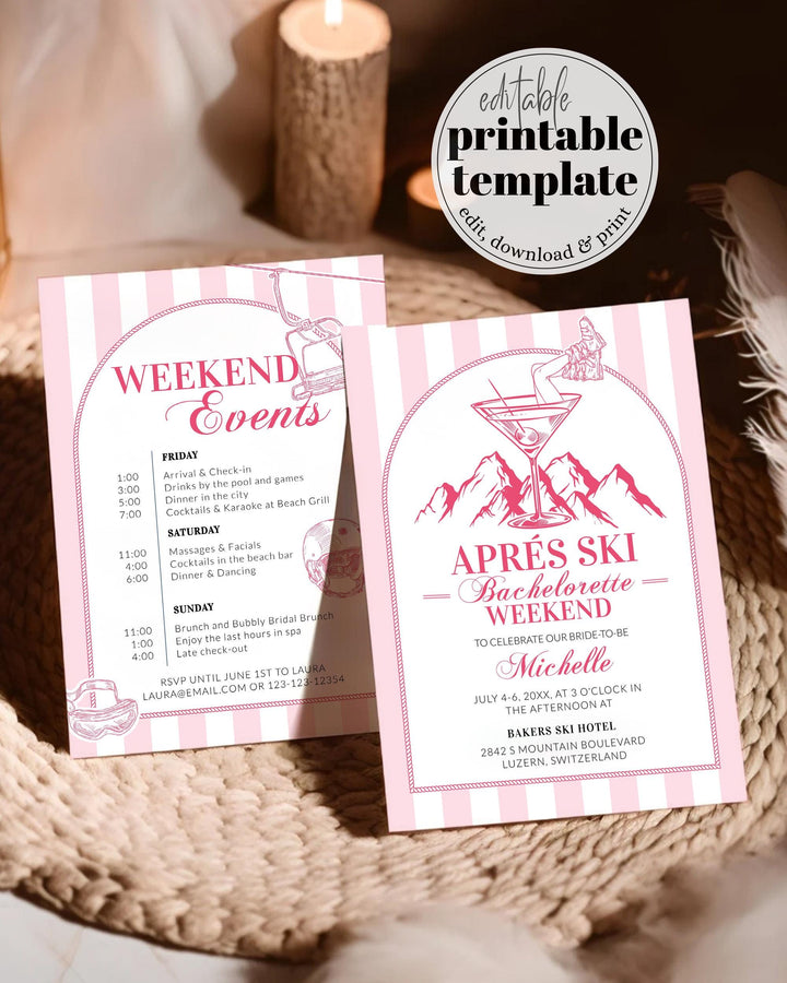 Apres Ski Invite Winter Bachelorette Invitation, Martini Hen Do Itinerary, Mountain Ski Party Social Club Champagne Invite Template #072 - TheLovebirdsDesign