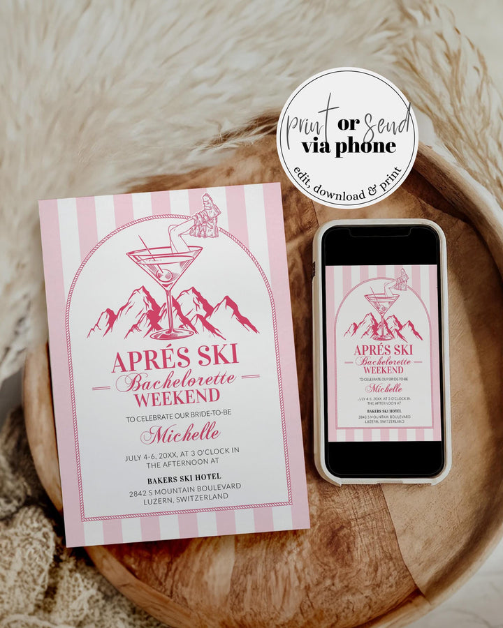 Apres Ski Invite Winter Bachelorette Invitation, Martini Hen Do Itinerary, Mountain Ski Party Social Club Champagne Invite Template #072 - TheLovebirdsDesign