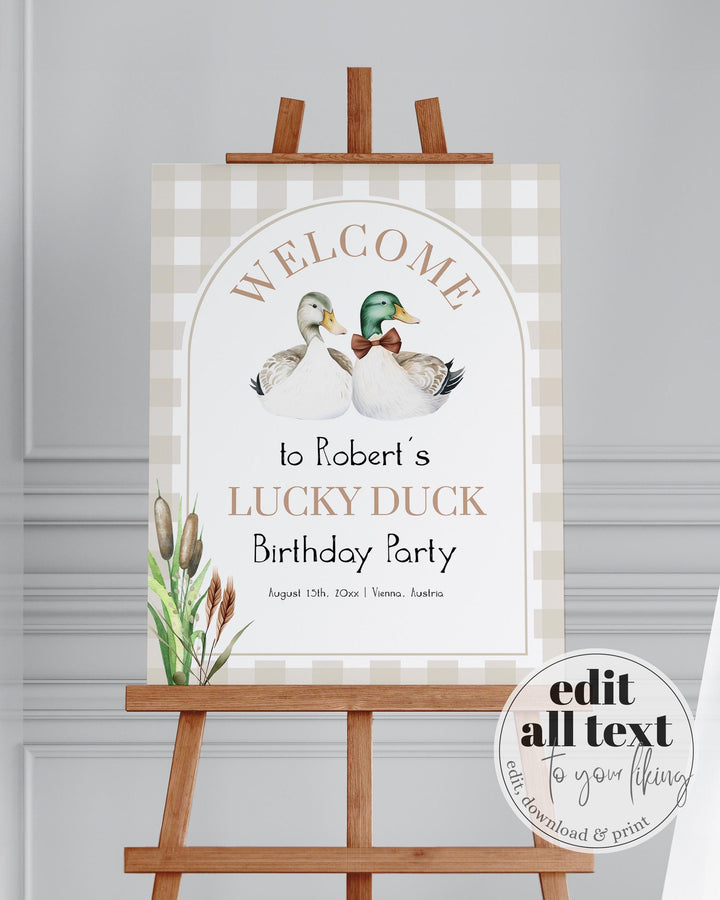 Lucky Duck Welcome Sign, Mallard Duck First Birthday Decorations Sign, Duck Hunting Theme Party Decor, Boys Duck Baby Shower Template #068 - TheLovebirdsDesign