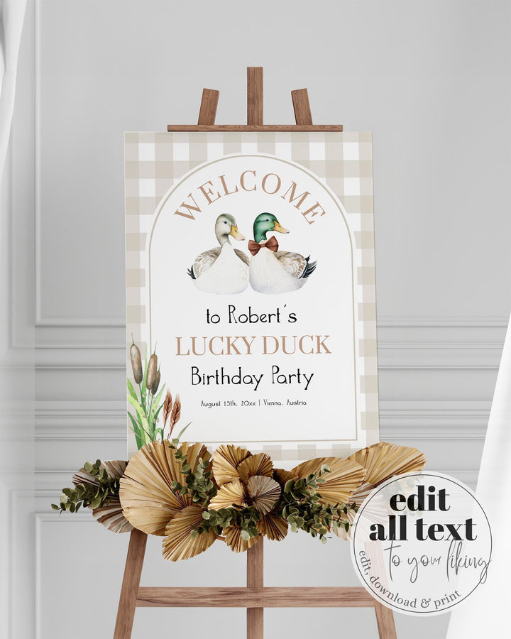 Lucky Duck Welcome Sign, Mallard Duck First Birthday Decorations Sign, Duck Hunting Theme Party Decor, Boys Duck Baby Shower Template #068 - TheLovebirdsDesign