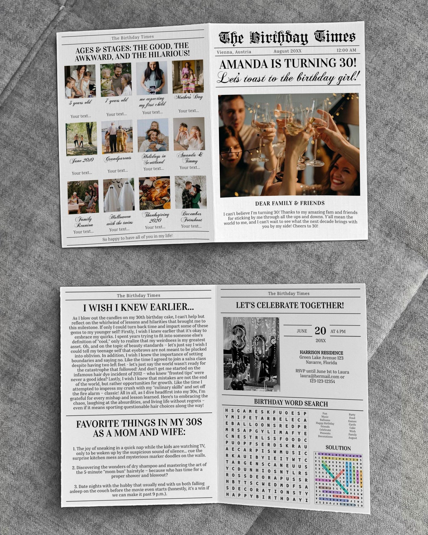 Editable Newspaper Template for 30th Birthday Invitation, Birthday Times for any age, Large Newspaper 4 Pages, Personal Custom News #065b - TheLovebirdsDesign